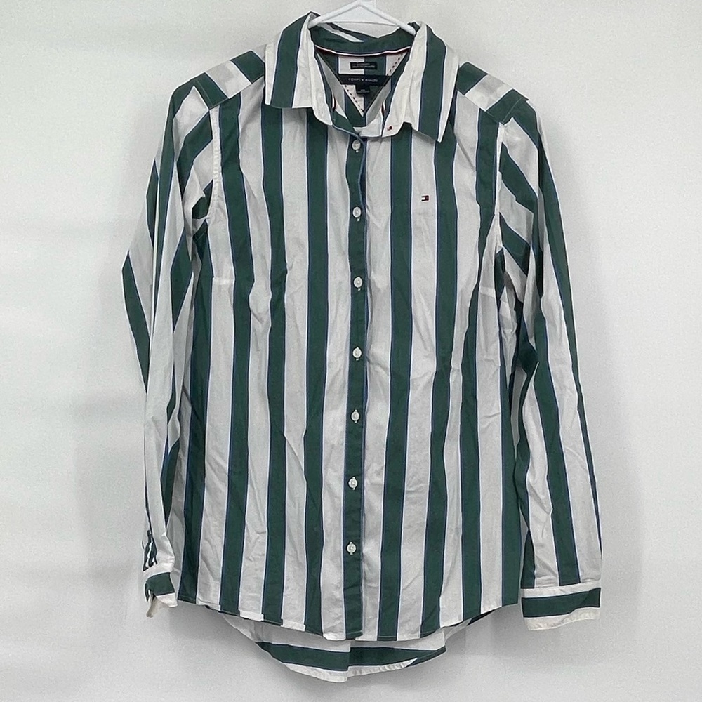 Tommy Hilfiger green white stripe long sleeve button up shirt